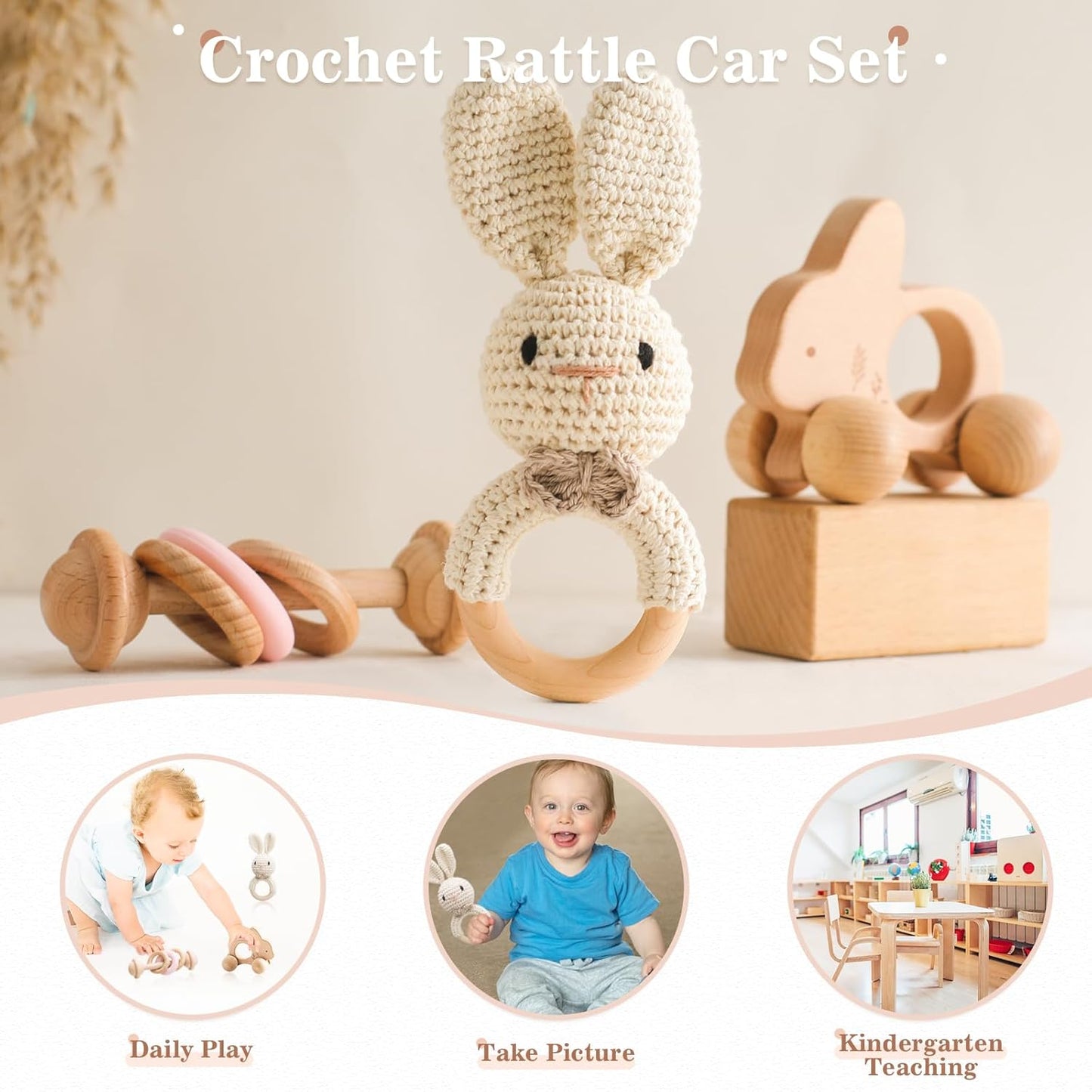 let's make Wooden Baby Rattle 3 PCS Push Car Rattle Set Crochet Rattle Ring Wooden Montessori Toy for Newborn Infant Baby Gifts (Rabbit Rattle)