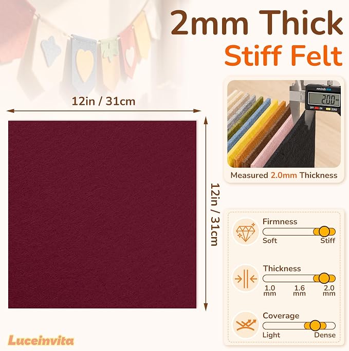2mm Stiff Felt Sheets 12" X 12" | Thick Polyester Felt Material, DIY Craft