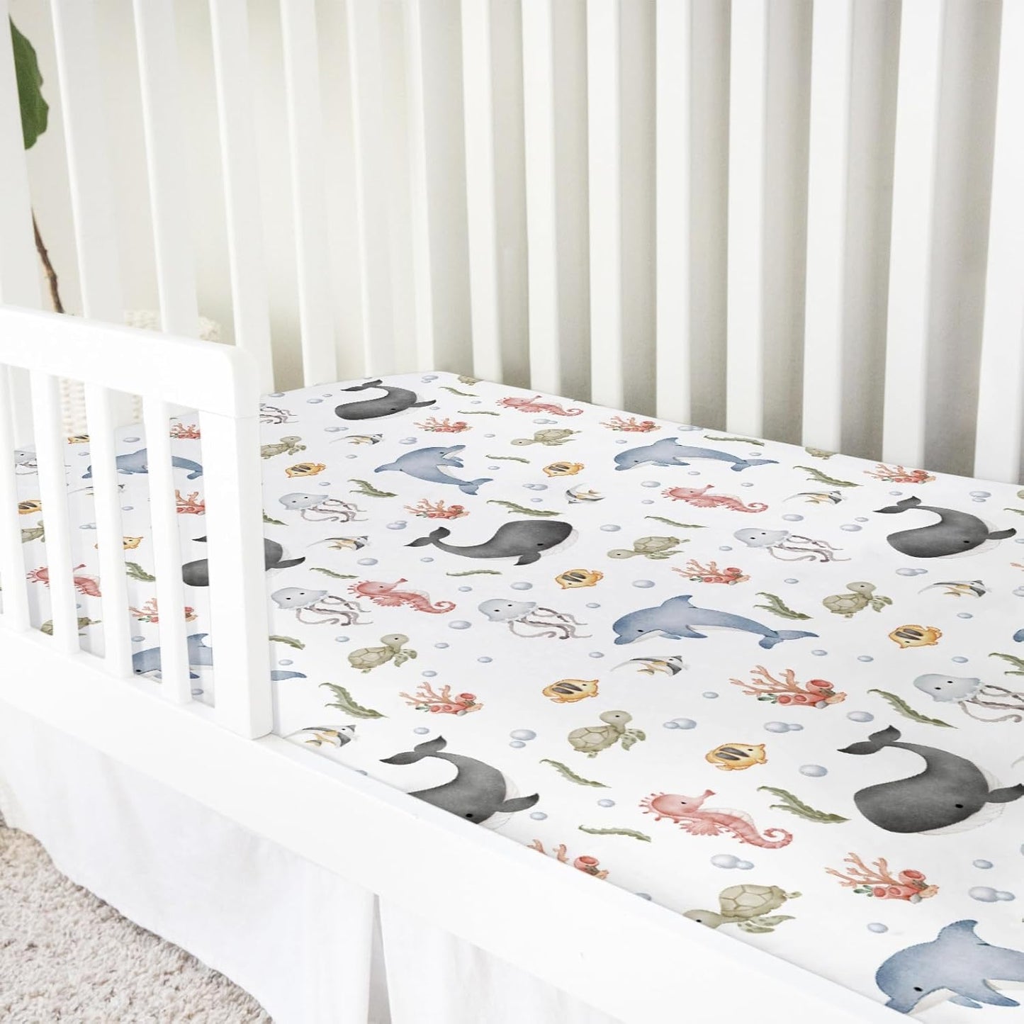 Boho Sea Animals Baby Crib Fitted Sheet 52''x28'' Whale Dolphin Jellyfish Sea Horse Turtle Fish Coral Snug Fitted Crib Mattress Cover for Boy Girl Soft Bed Sheets for Standard Crib Toddler Mattress