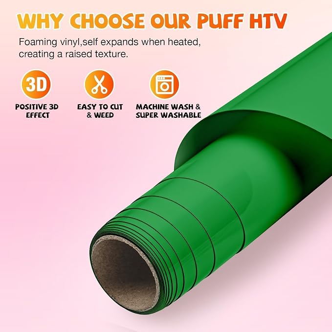 VinylRus Green Puff Vinyl Heat Transfer -12” x 6ft Puffy 3D Iron on Vinyl