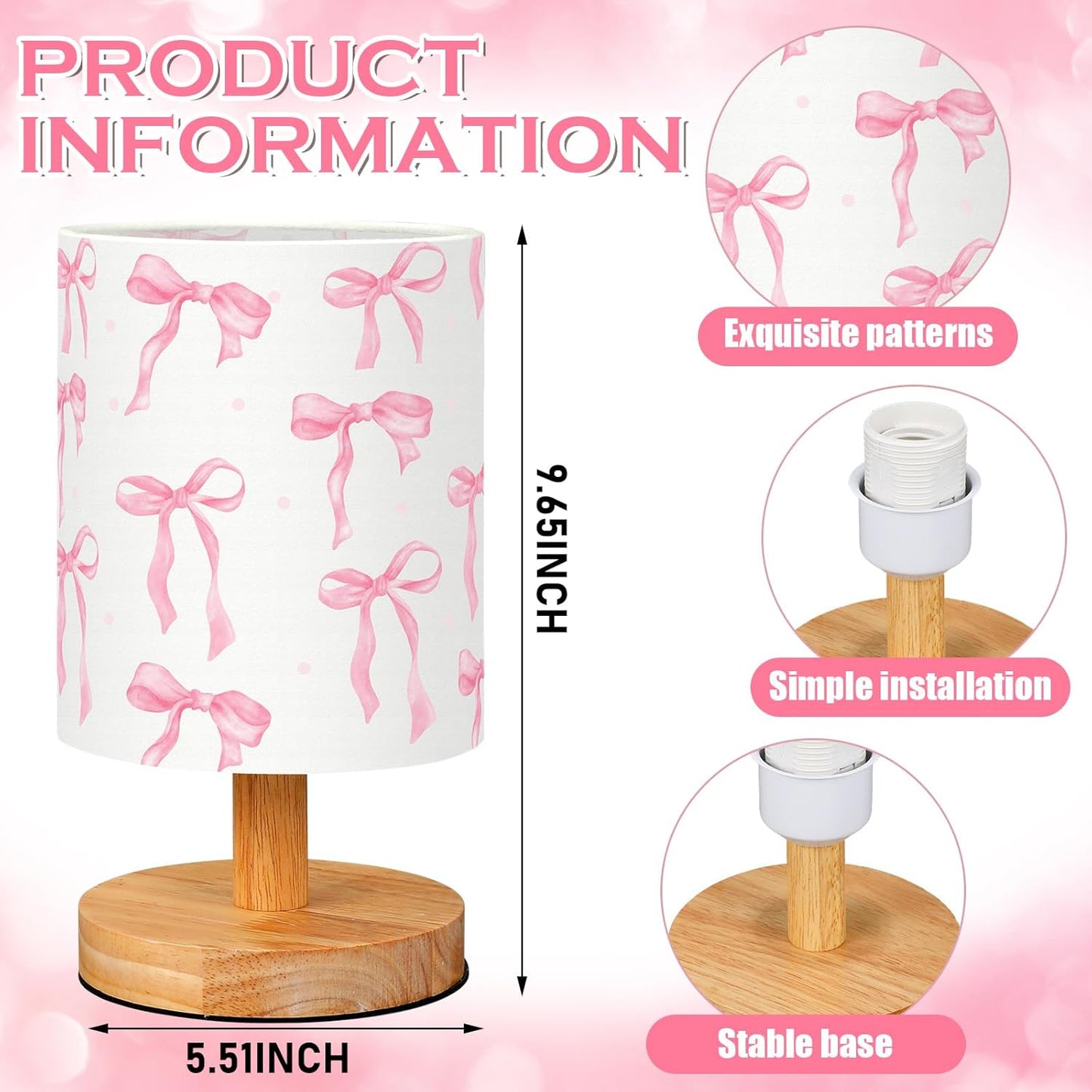 VIHOSE Bow Kids Table Lamp for Bedroom Kids Bedside Lamp with Linen Wooden Nightstand Cartoon Nursery Lampshade for Girls Boys Living Room