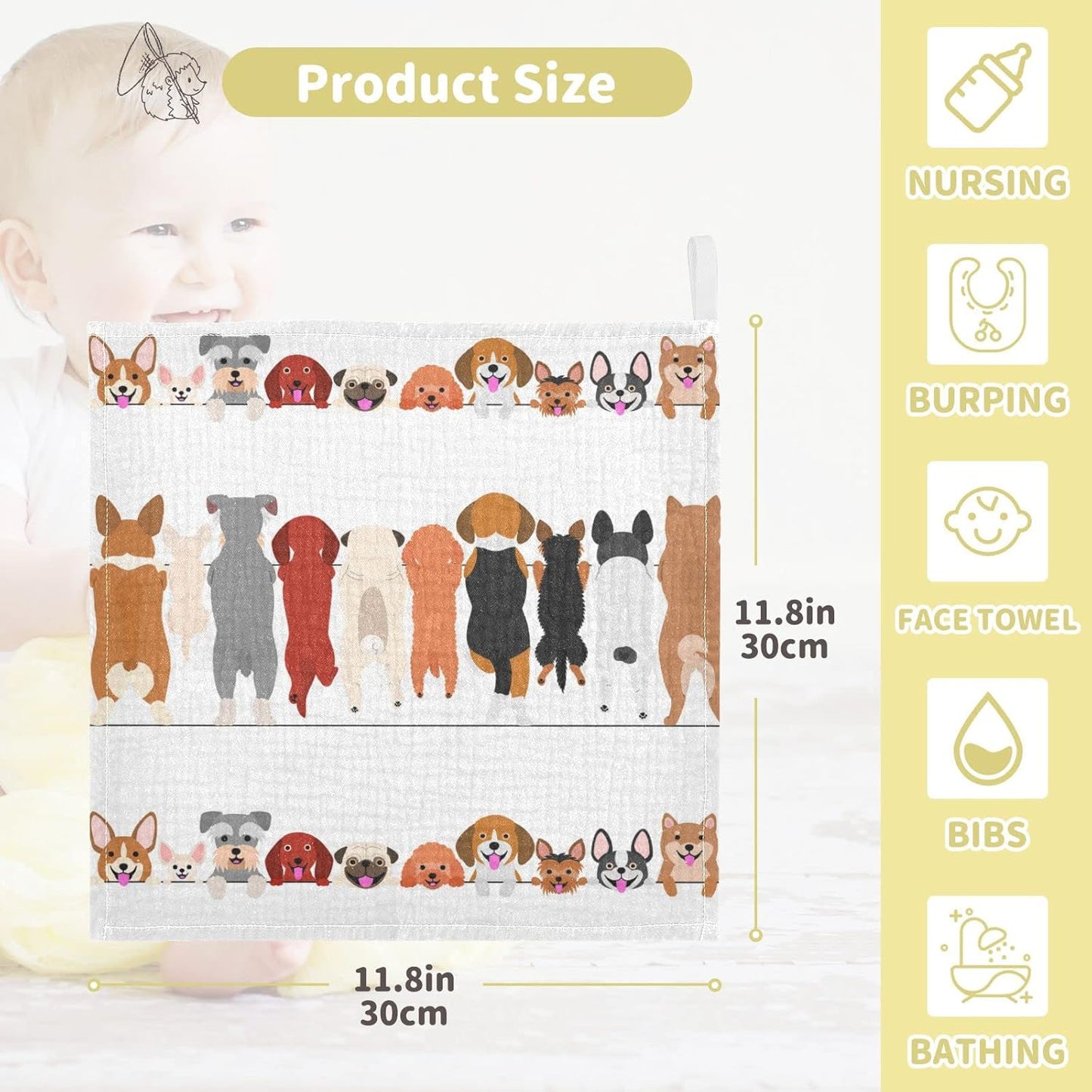 Dog Faces Baby Muslin Washcloths Dog Back Burp Cloths Cute Puppy Soft Absorbent Baby Wash Cloth Fingertip Face Towels for Newborn Boys Girls 12 x 12 in, 3 Pack