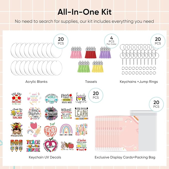 YOPPIX 140 PCS Acrylic Keychain Blank Set, Teachers Double-Sided UV DTF