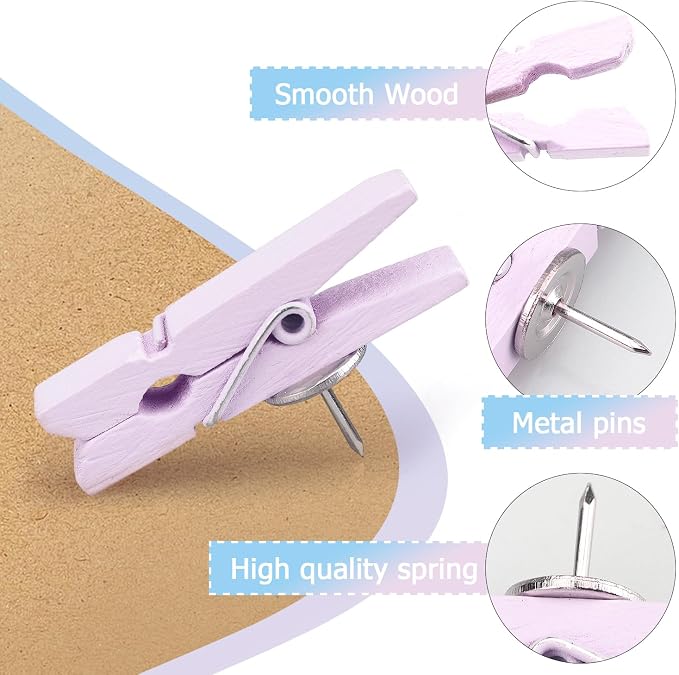 50 PCS Wooden Clips Push Pins Tacks