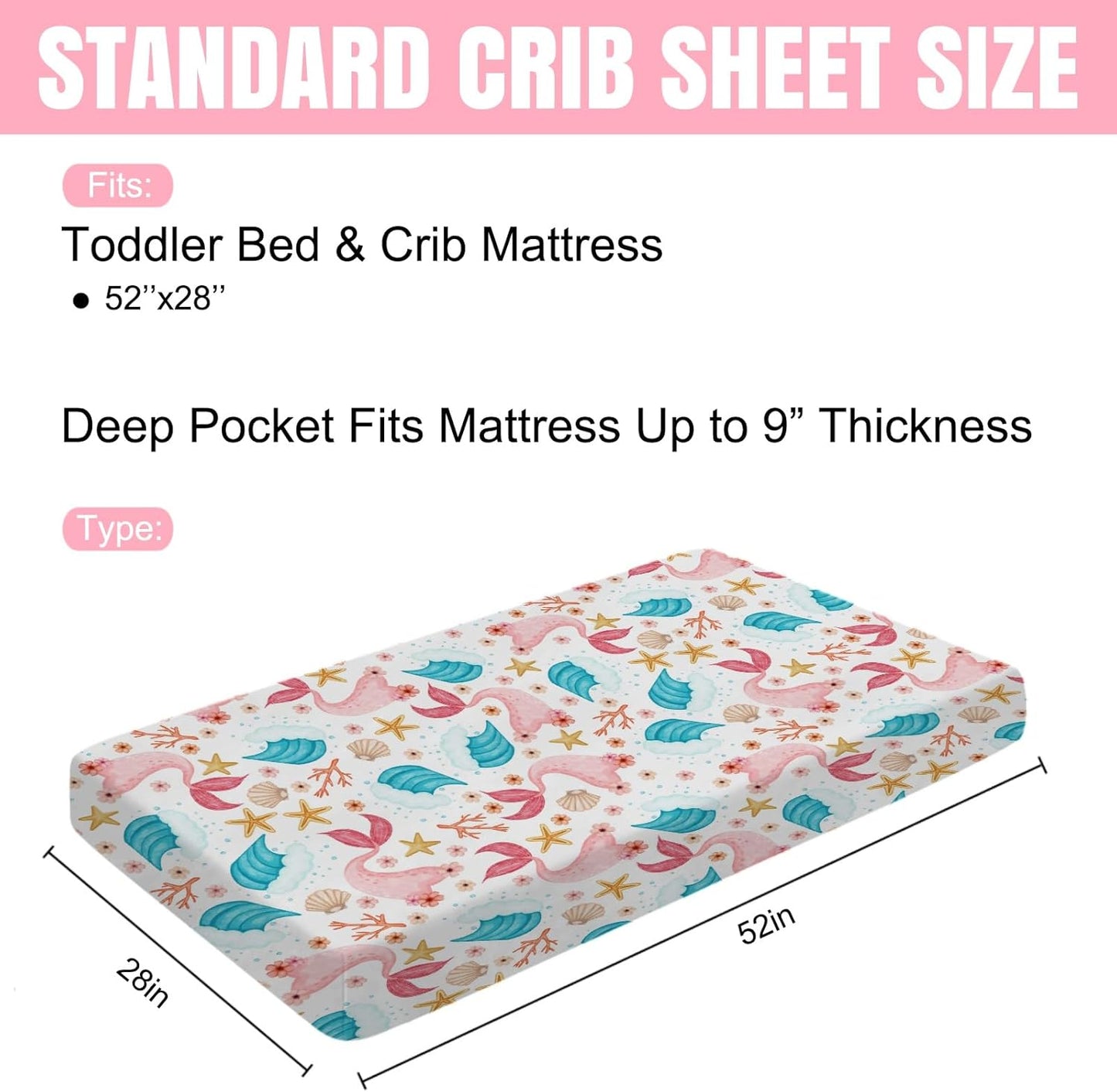 Colorful Nautical Life Baby Crib Sheets 52''x28'' Mermaids Starfish Conch Coral Wave Fitted Crib Mattress Cover for Boy Girl Sea Ocean Animal Nursery Bed Sheets for Standard Crib and Toddler Mattress