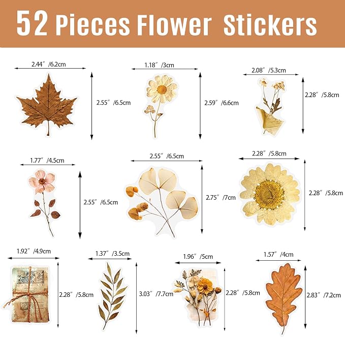 52Pcs Vintage Botanical Scrapbook Stickers Pack, Transparent Fern Leaf Stickers