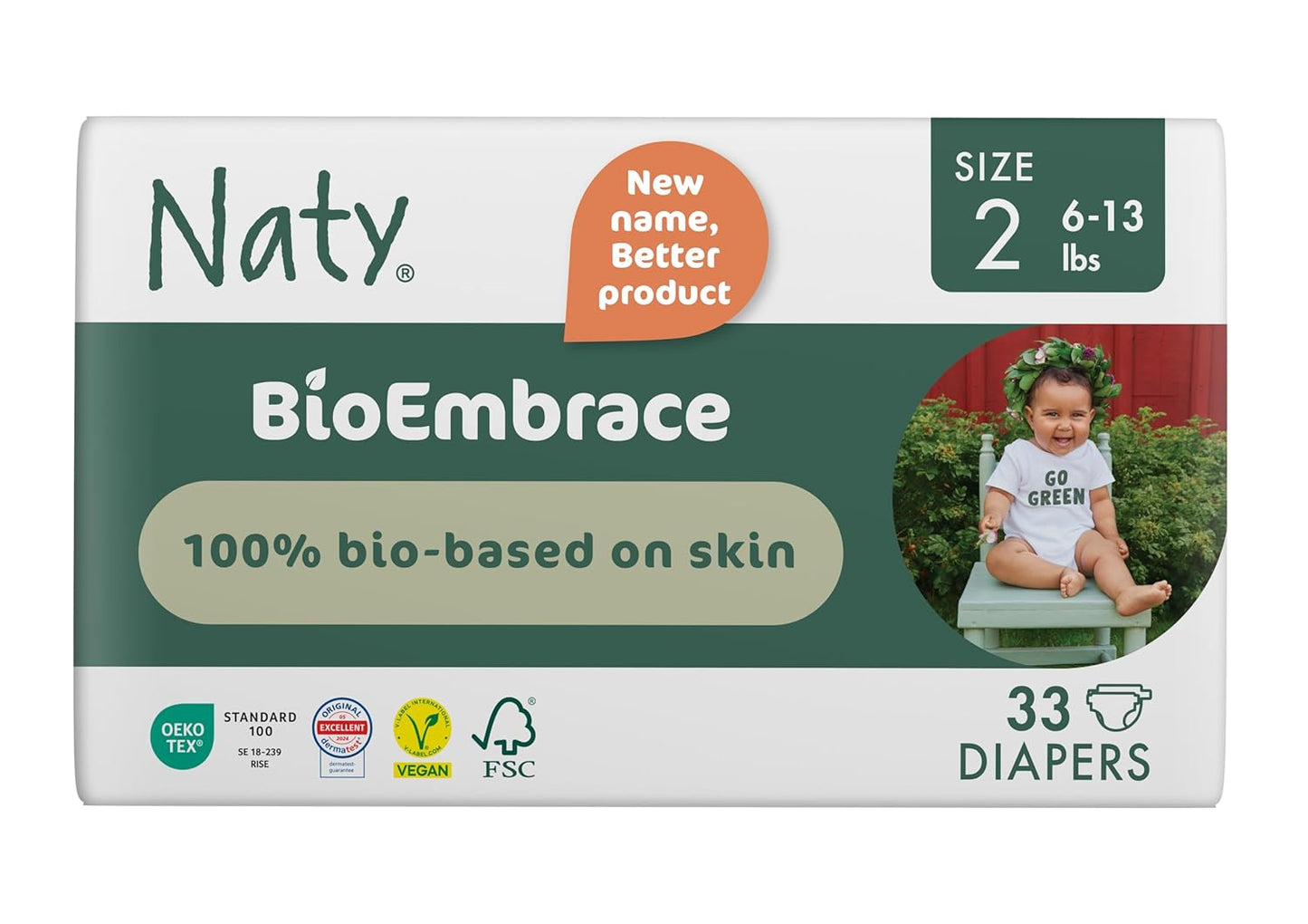 Naty BioEmbrace Baby Newborn Diapers Size 2 (6–13 lbs) | 100% Biobased on Skin | Plant-Based Softness | Dermatologically Tested, Super Absorbent | 33 Count