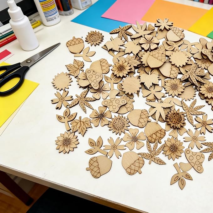 100 Pcs Unfinished Wooden Cutouts Mini Nature Shapes | DIY Craft Supplies