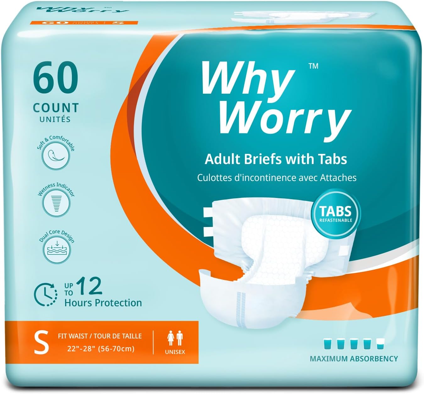 WhyWorry Adult Diapers with Tabs, Disposable Incontinence Briefs for Women & Men with Maximum Absorbency, Adult Briefs for Incontinence Overnight, Odor Control, Unisex, Small, 60 Count (4 Packs of 15)