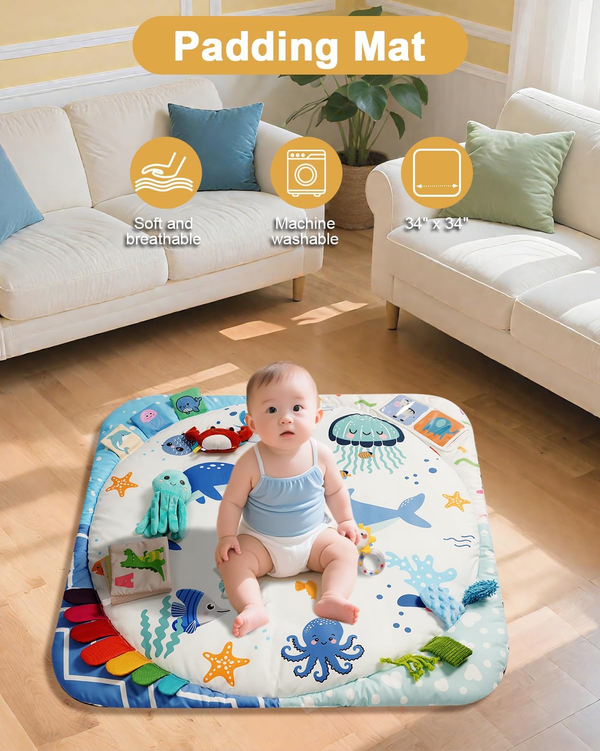 Baby Play Gym with 4 Developmental Zones – Tummy Time Mat & Activity Mat with 6 Sensory Toys, Visual Cards & Pillow – Baby Essentials & Ideal Gift for Newborns