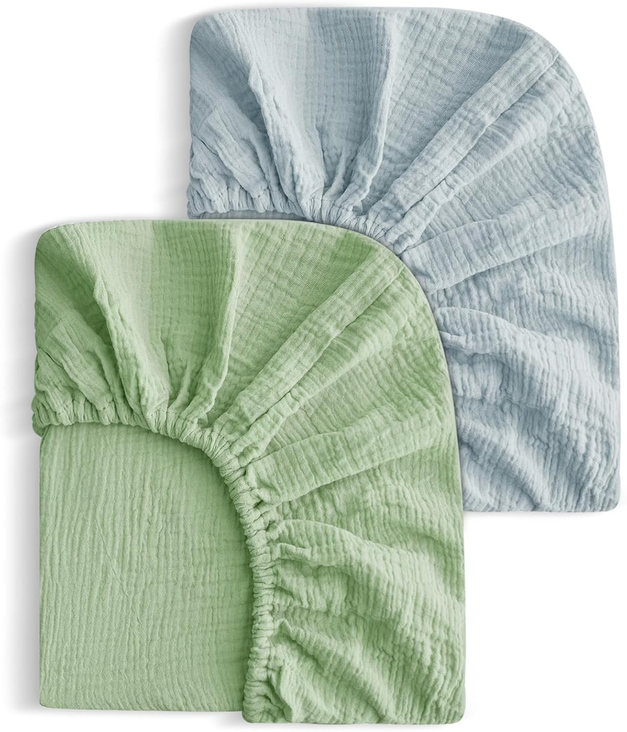 2 Pack Soft Muslin Baby Mini Crib Sheets, 100% Cotton Breathable Double Layer Fitted Sheets for Mini Crib and Pack N Play Mattresses 24x38 Inches, for Baby Girls and Boys (Sage & Fog