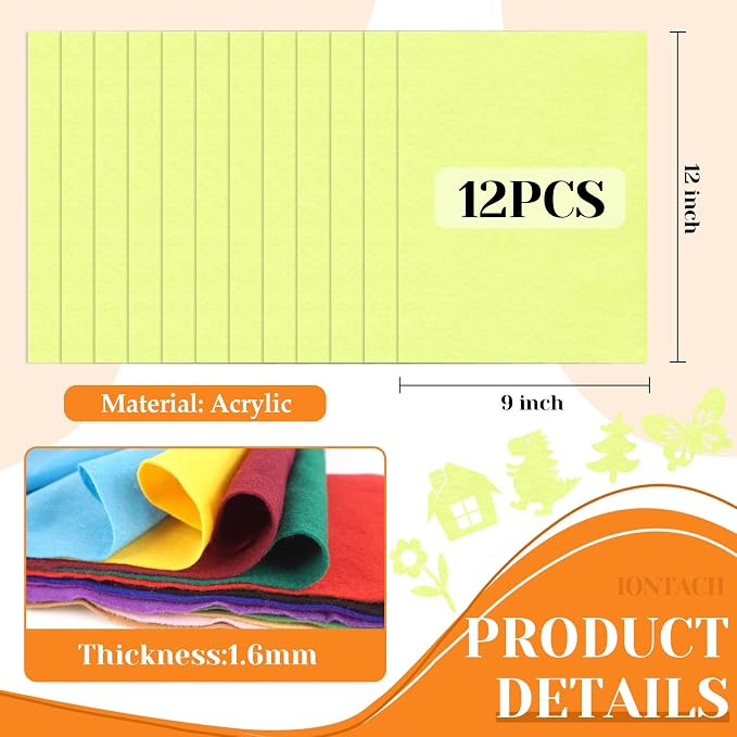 IONTACH 9" X 12" Felt Fabric Sheets 1.6mm Thick | Soft Felt