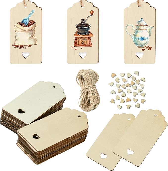 48 pcs Rectangle Theme Unfinished Wood Cutout Bookmarks Coffee Blank Heart Wood