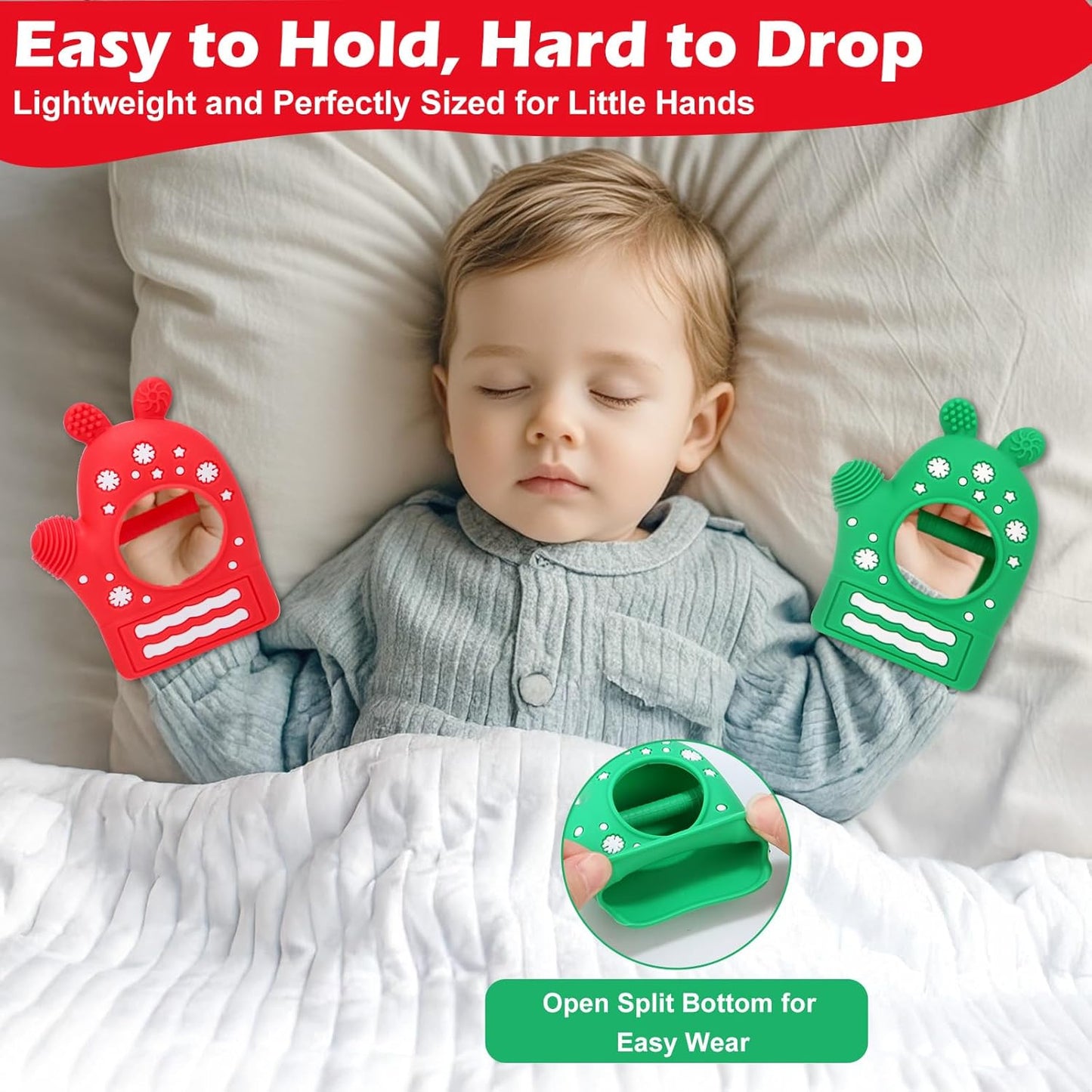 Christmas Baby Teething Mitten Toys 2 Pack, Silicone Snowflake Teethers for Newborns, Infants & Toddlers, Easy-Grip Hand Teething Gloves for Relief, Perfect Baby’s First Christmas Stocking Stuffers