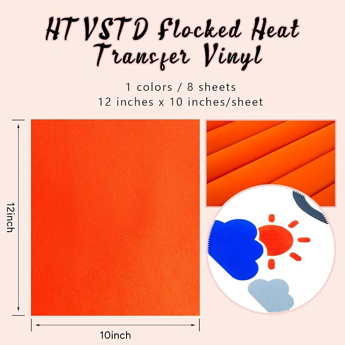 HTVSTD Orange Flock Heat Transfer Vinyl 8pcs 12×10in Iron on Vinyl | Colorful