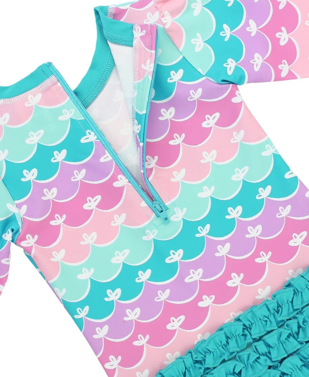 RuffleButts Baby Girls UPF 50+ Sun Protection Novelty Print Long Sleeve One Piece Rash Guard Swimsuit with Zipper