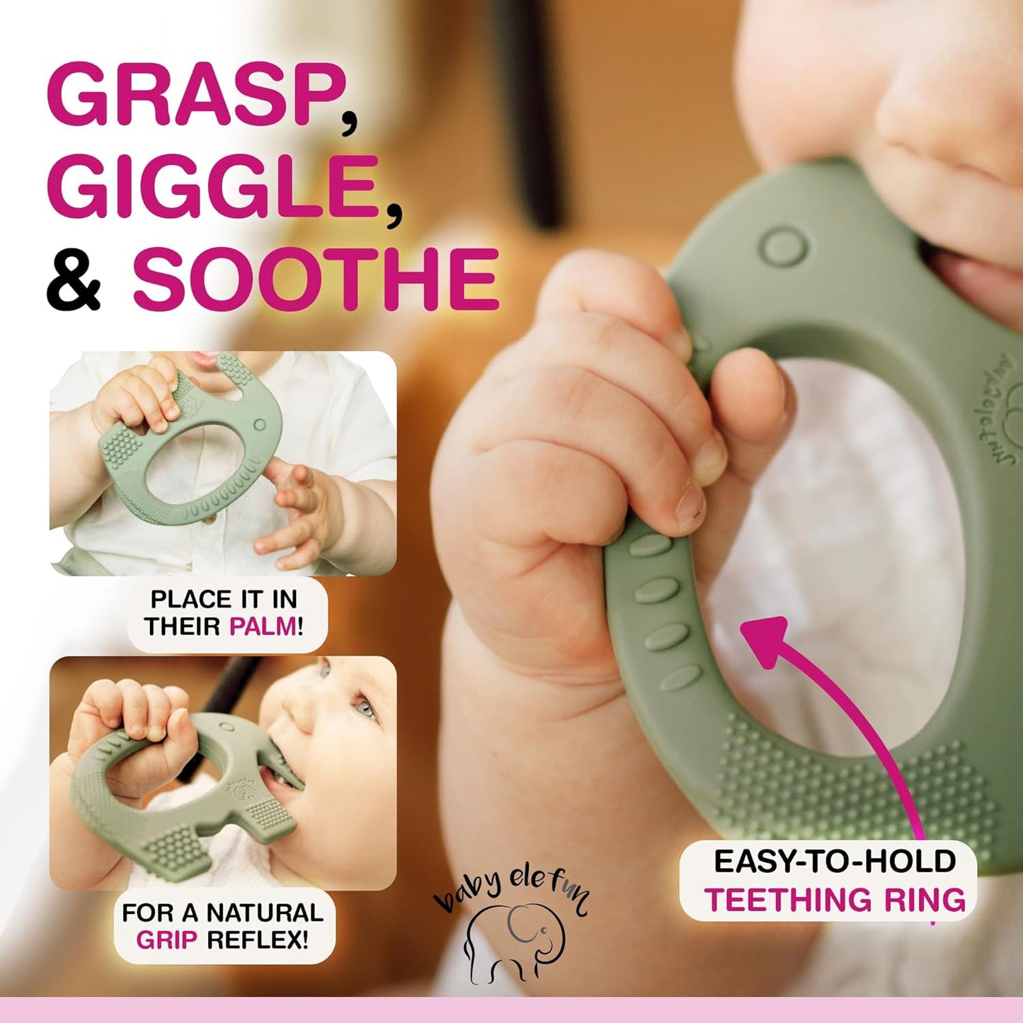 Baby Elefun Baby Teething Toys 5X Pain Relief Zero Delay 6-12 Months Olive