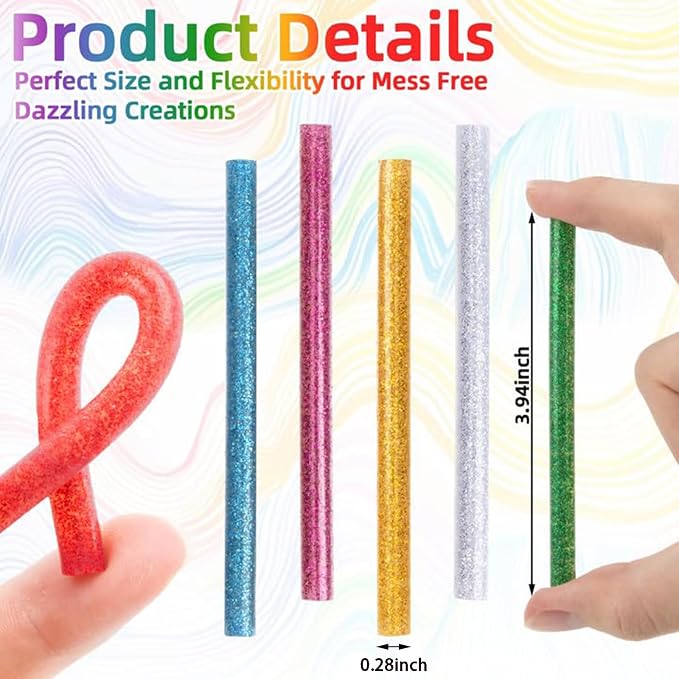 52 Pack Mini Glitter Color Hot Glue Sticks 13 Colored, 3.94" Long x 0.28"