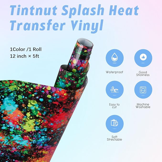 Tintnut Multicolor Splash Heat Transfer Vinyl Roll, stretch washable, works