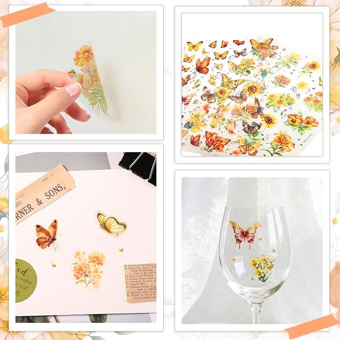 50+Pcs Transparent Golden Floral Butterfly Scrapbook Stickers Pack, Sunflower