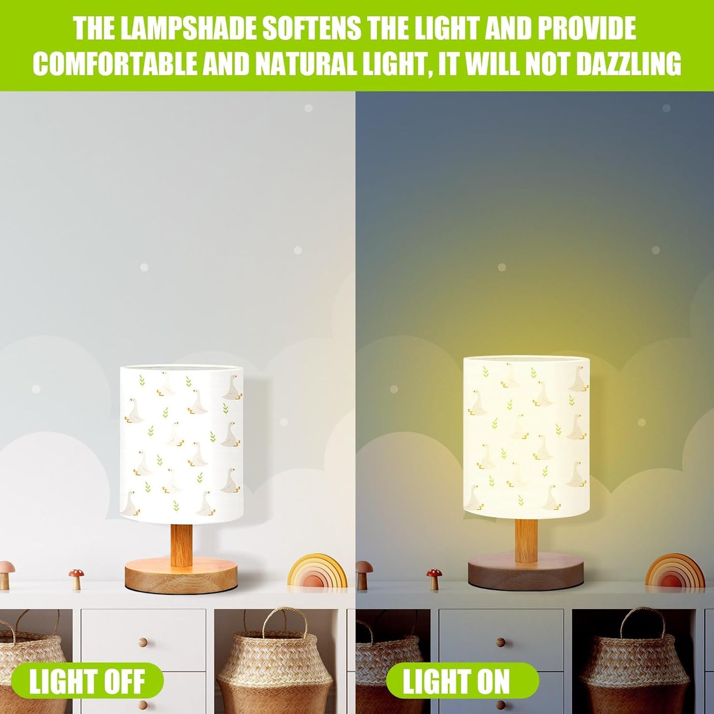 VIHOSE Silly Goose Kids Table Lamp for Bedroom Kids Bedside Lamp with Linen Wooden Nightstand Cartoon Nursery Lampshade for Girls Boys Living Room