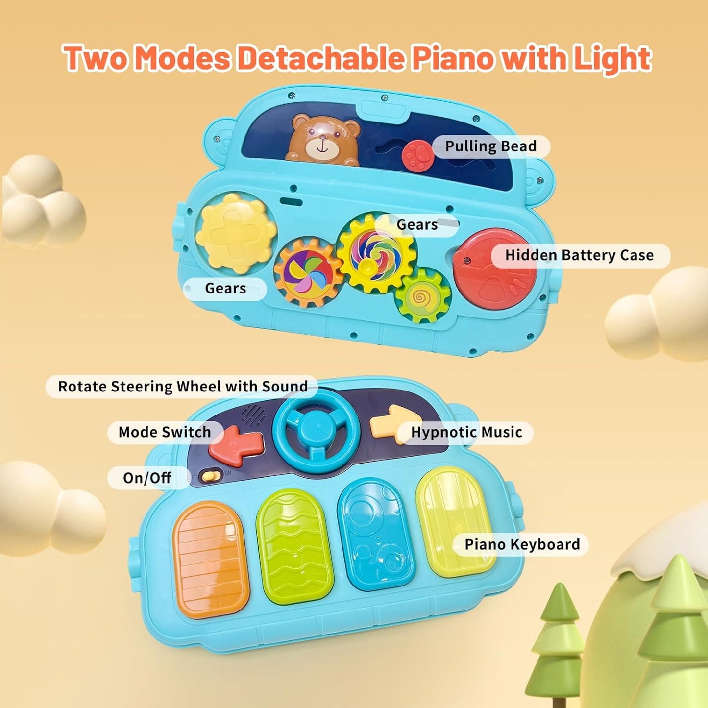 Baby Gym Play Mat & Baby Walker, Baby Activity Center with Music and Light, Tummy Time Mat, Push Toys for Toddler, Detachable Play Piano and Rattles for Newborn Babies Infants Boys Girls