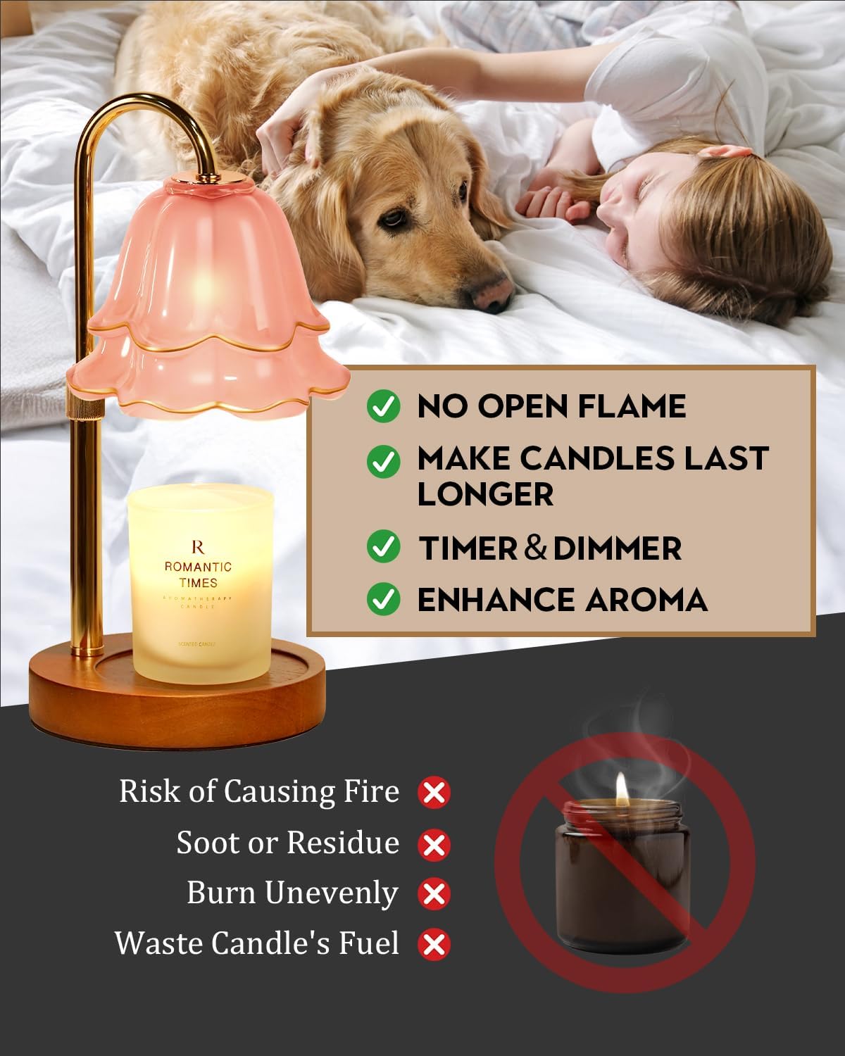 Pink Candle Warmer Lamp with Timer & Dimmer, Adjustable Height Birthday Gifts for Women Mom, Flower Candle Lamp Warmer, Wax Warmer with 2 Bulbs, House Warming New House Decorations