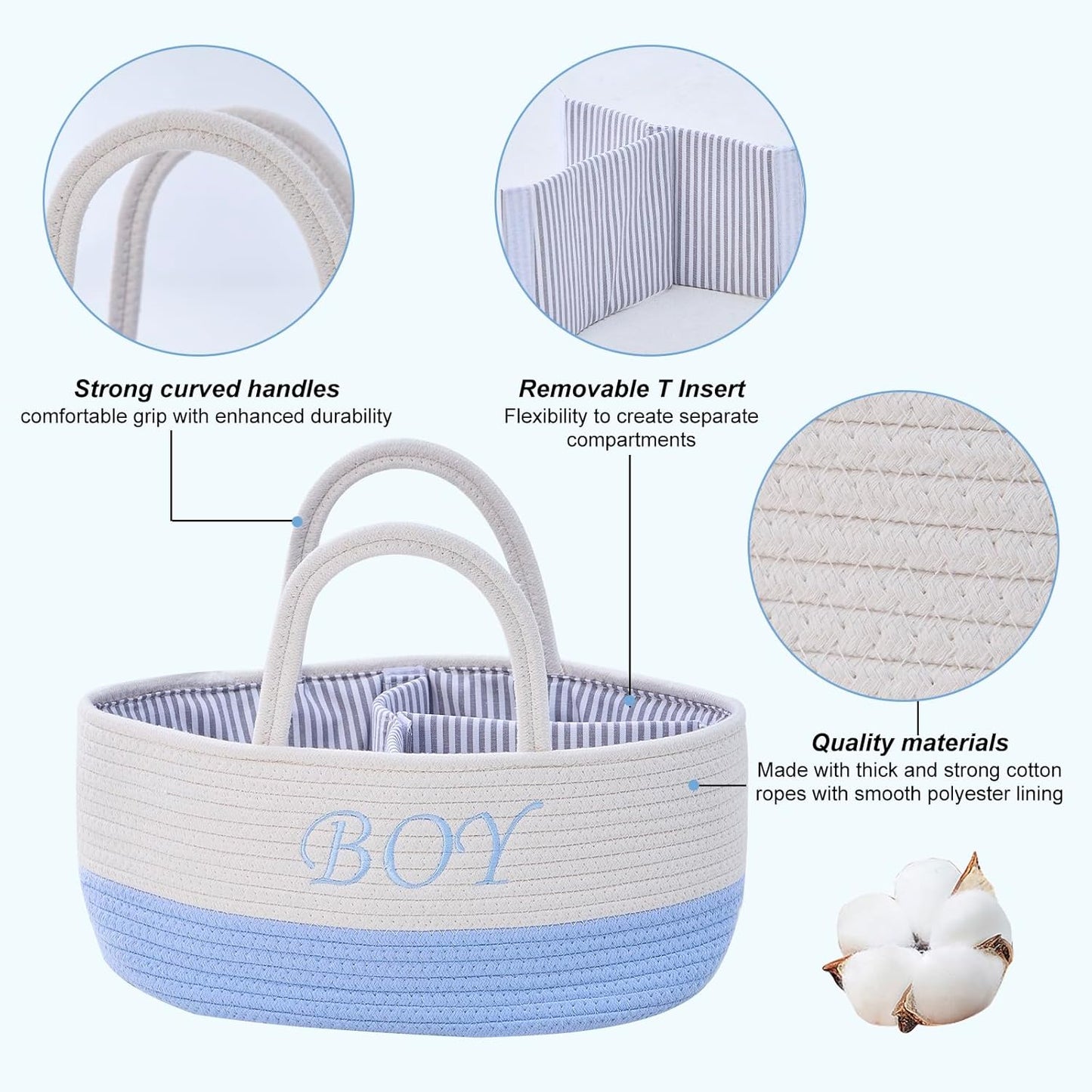 DUHEL Diaper Caddy Organizer with Handle,Baby Basket use for Diaper Organizer and Storage,Baby Boys Newborn Essentials,3 Compartments-Cotton rope Material Storage for Home or Travel.(White＆Blue)