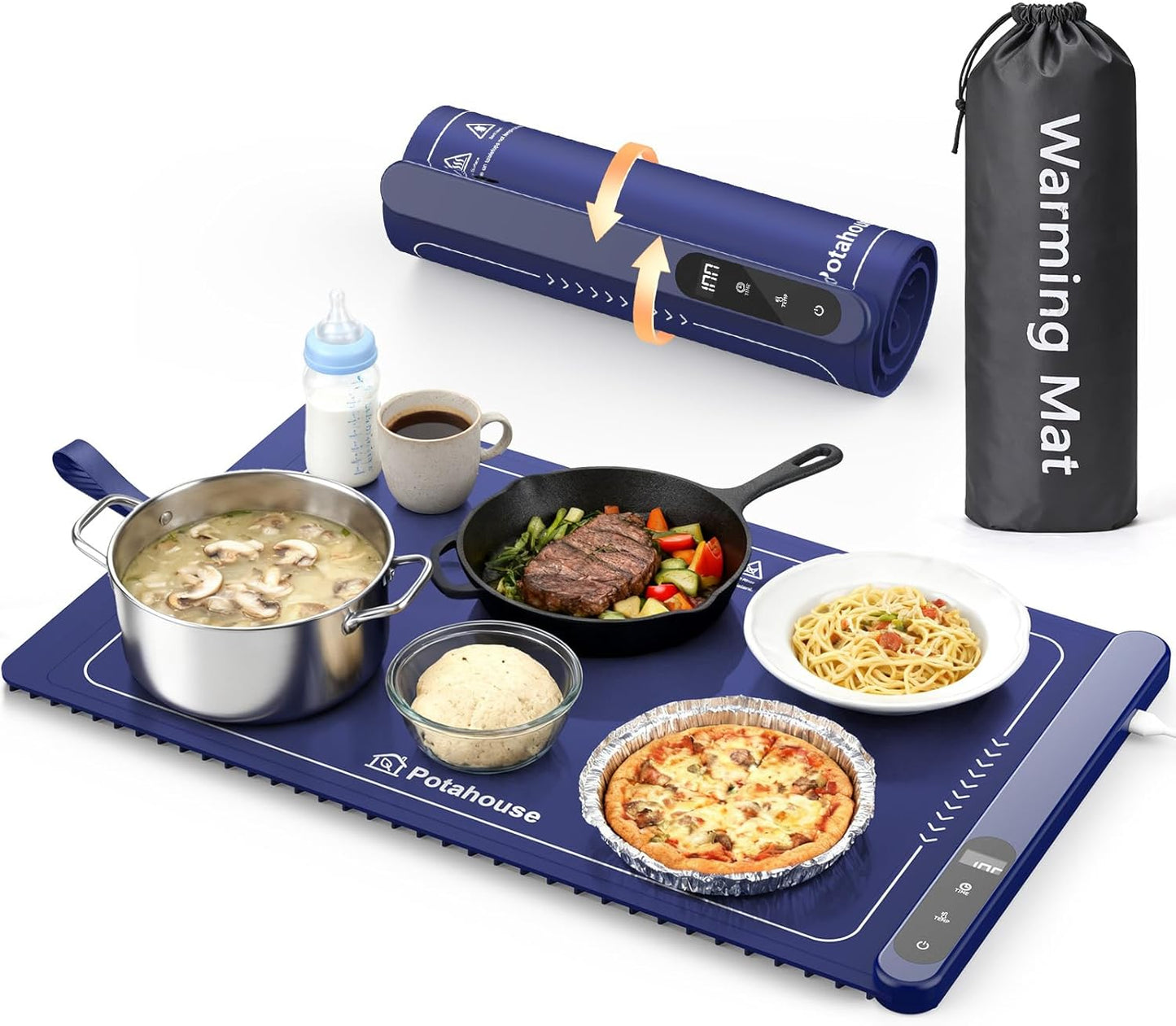 Potahouse® Warming Mat for Food, Graphene Full-Surface Fast Heating, Electric Warming Tray with 6 Temp & Timer Settings, Rollable & Portable Silicone Food Warmer for Parties, Home and Travel, Blue