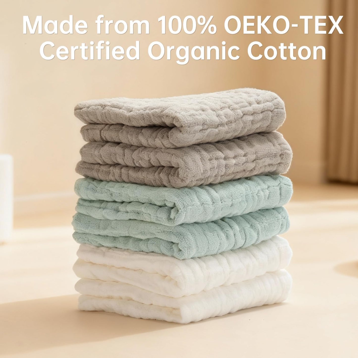 Organic Muslin Baby Washcloths 6 Pack Baby Bath Face Towel 12x12 Inch Extra Absorbent and Soft Burp Cloth and Wash Cloths for Newborn-Infants On Sensitive Skin (White Green Brown)