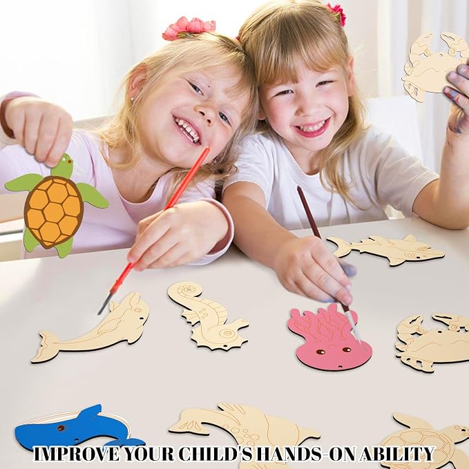 Subacy 80 PCS Unfinished Wood Cutouts 10 Styles DIY Wooden Ocean Ornaments