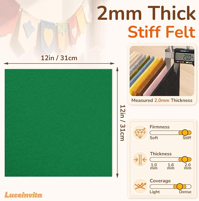 2mm Stiff Felt Sheets 12" X 12" | Thick Polyester Felt Material, DIY Craft