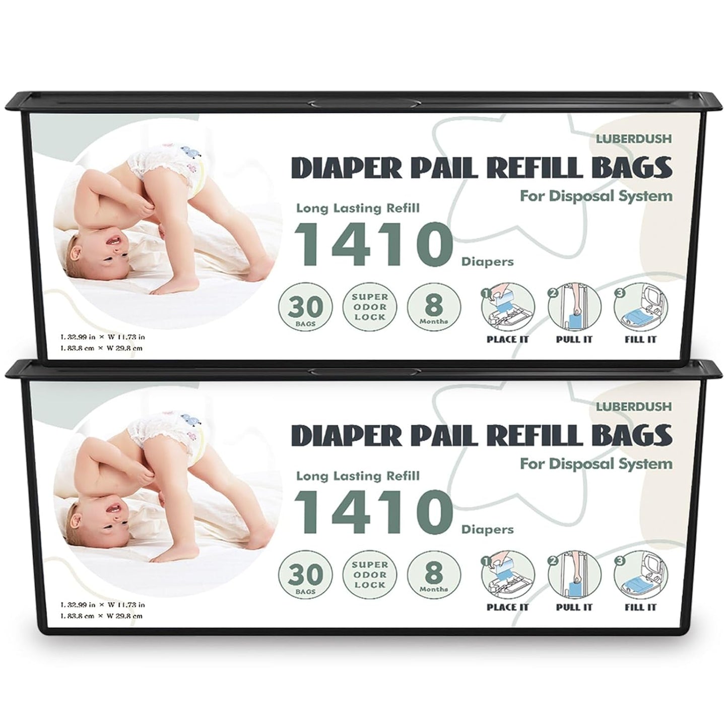 Diaper Pail Refill Bags - Compatible with Genie Easy Roll Signature & Platinum Pails | Each 30 Bags Holds Up to 1410 Newborn Diapers | 7-Layer OdorLock Technology | 2 Pack(60 Bags)