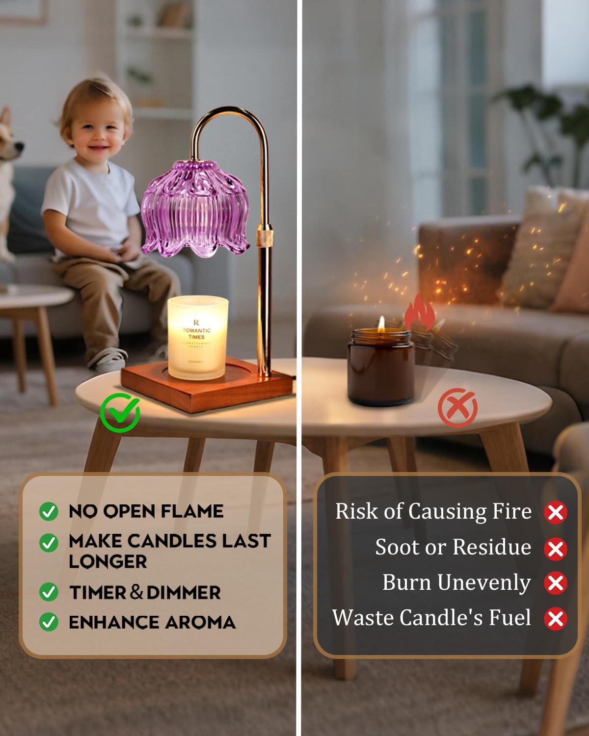 Purple Candle Warmer Lamp with Timer & Dimmer, Candle Lamp Warmer Adjustable Height, Gifts for Women Mom Birthday Christmas, House Warming New Home Bedroom Decor, Flower Wax Warmer for Jar Candles