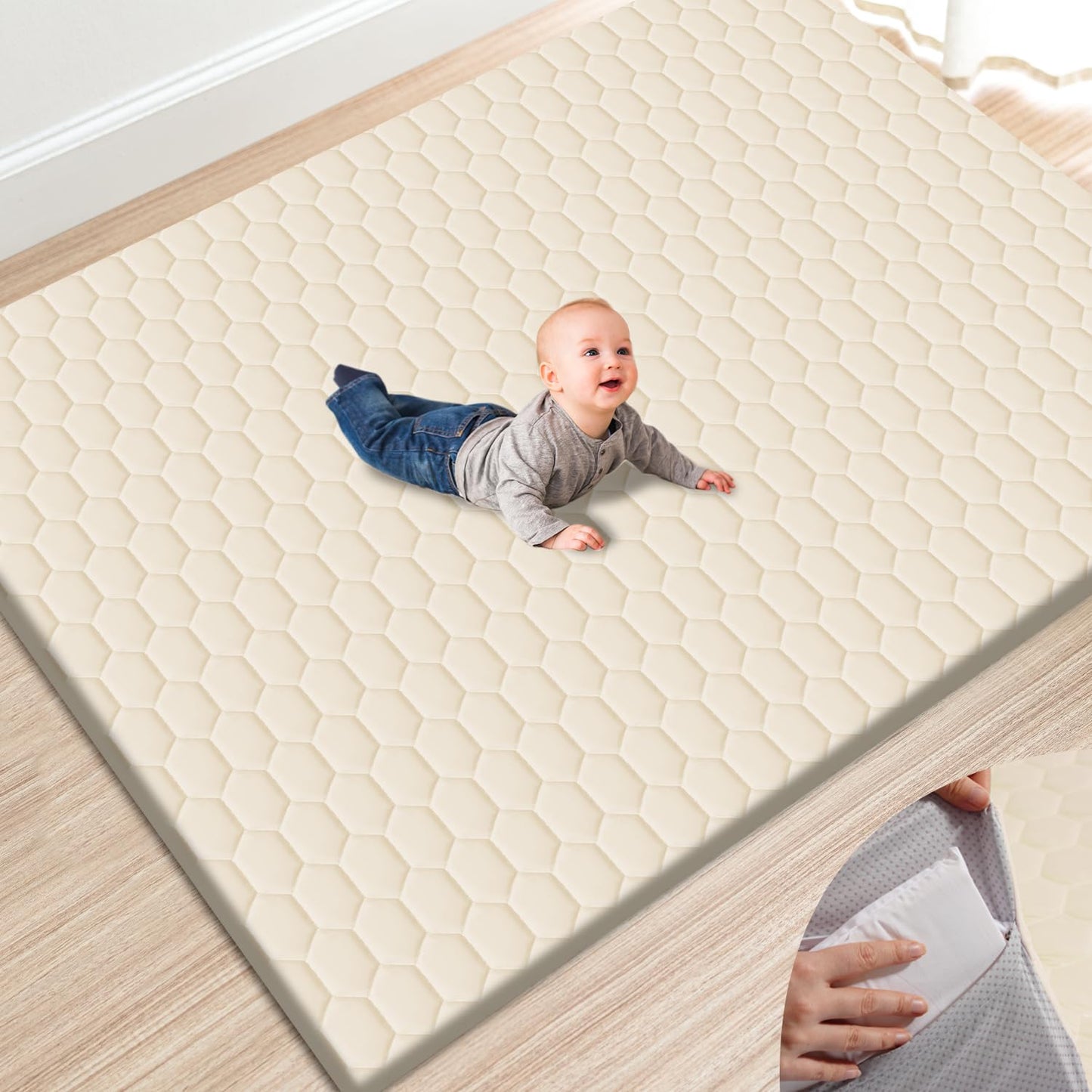 Premium Foam Baby Play Mat 71" x 59" with Removable Cover, Extra Thick Padding Playpen Mat, Non-Slip Floor Mat, Stylish & Easy to Clean for Crawling Baby, Infants & Toddlers, Beige