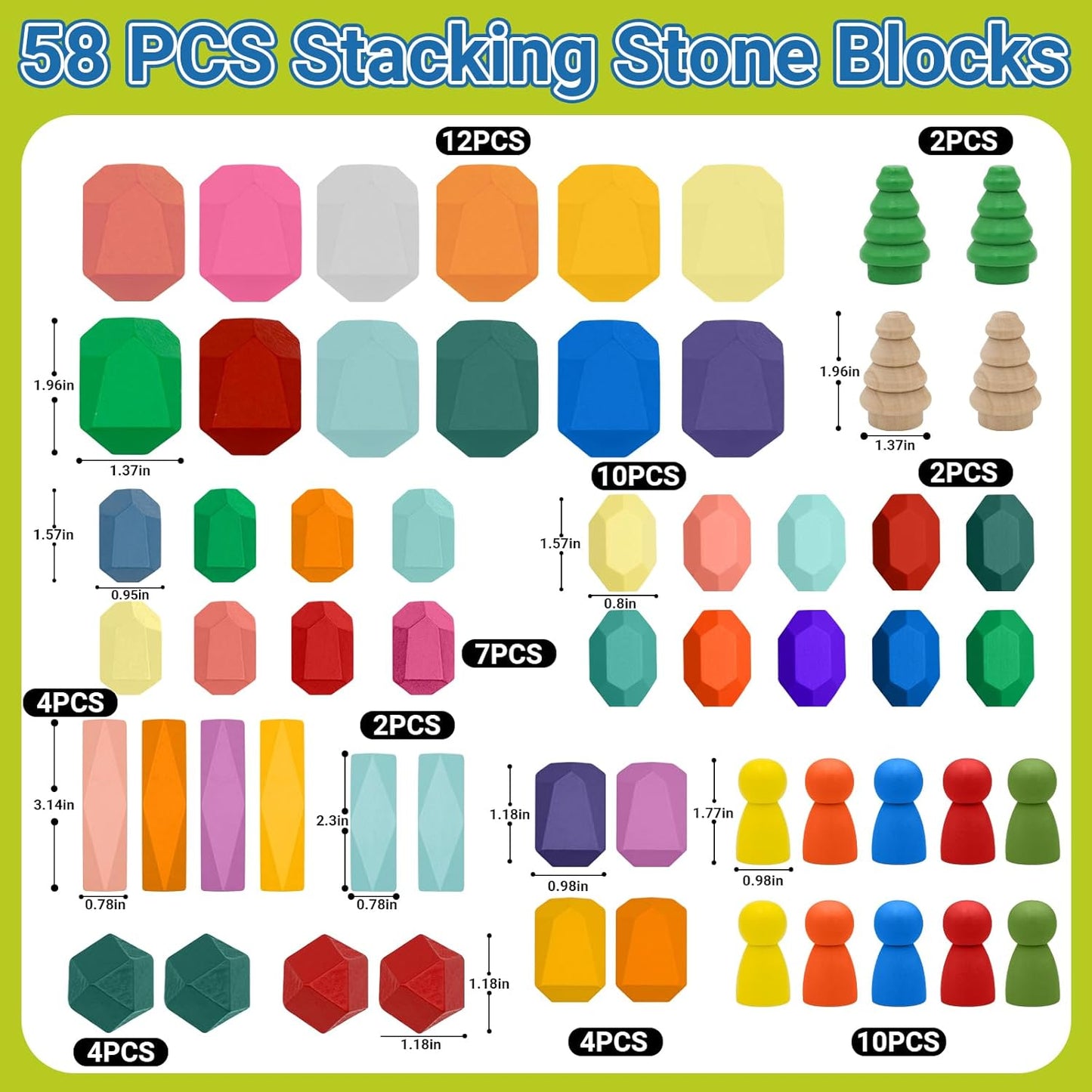 58PCS Montessori Wooden Stacking Rocks Toys Colorful Stacking Stones Building Blocks Games Sensory Toy for Toddlers Educational Learning Toys for 1 2 3 4 5 6 Years Old Kids