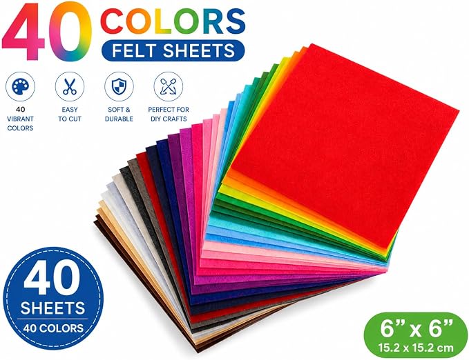 Felt Fabric Sheets 40pcs 6x6in 1mm Assorted Nonwoven