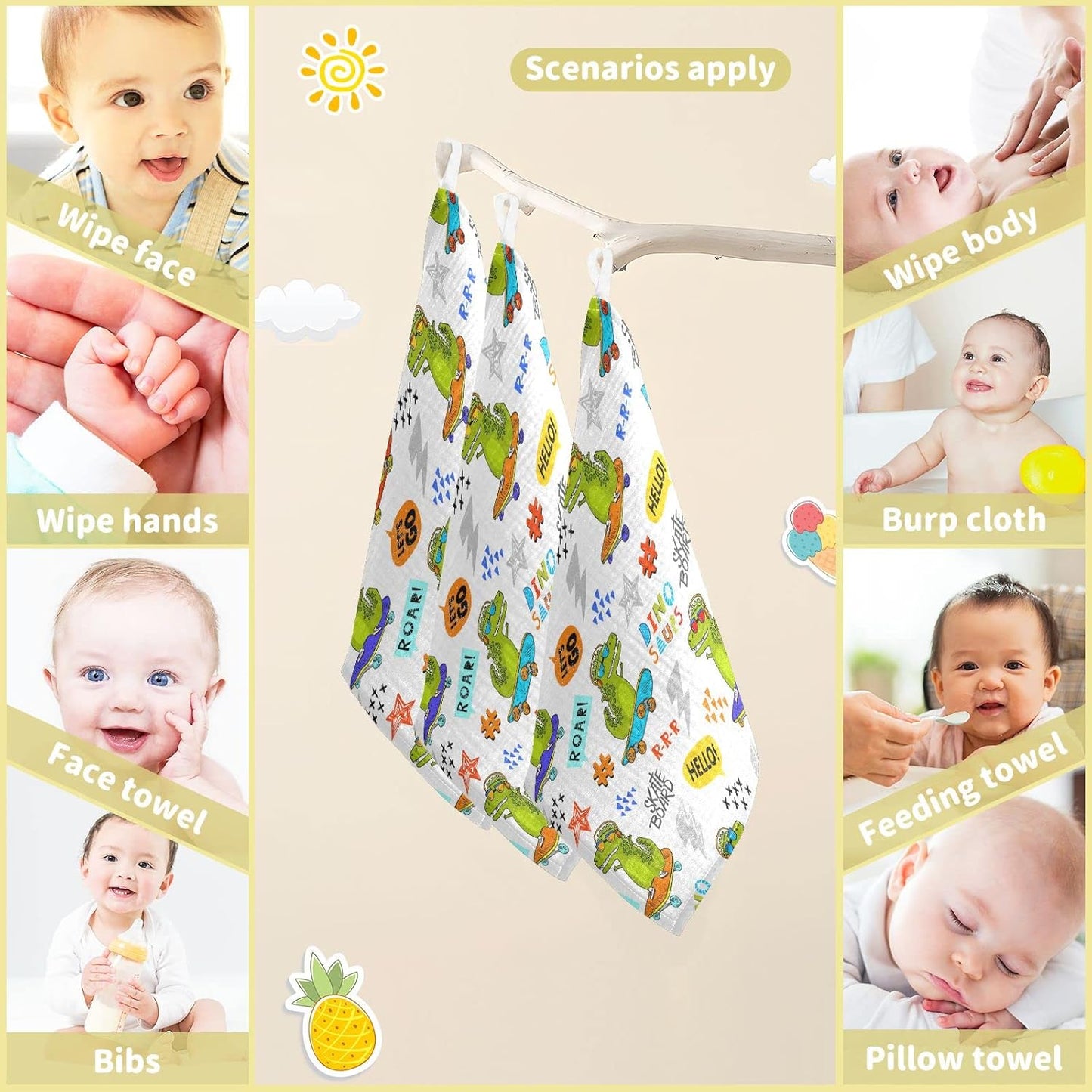 Funny Dinosaur Skateboarding Baby Muslin Washcloths Cartoon Animal Dino Burp Cloths Soft Absorbent Baby Wash Cloth Fingertip Face Towels for Newborn Boys Girls 12 x 12 in, 5 Pack