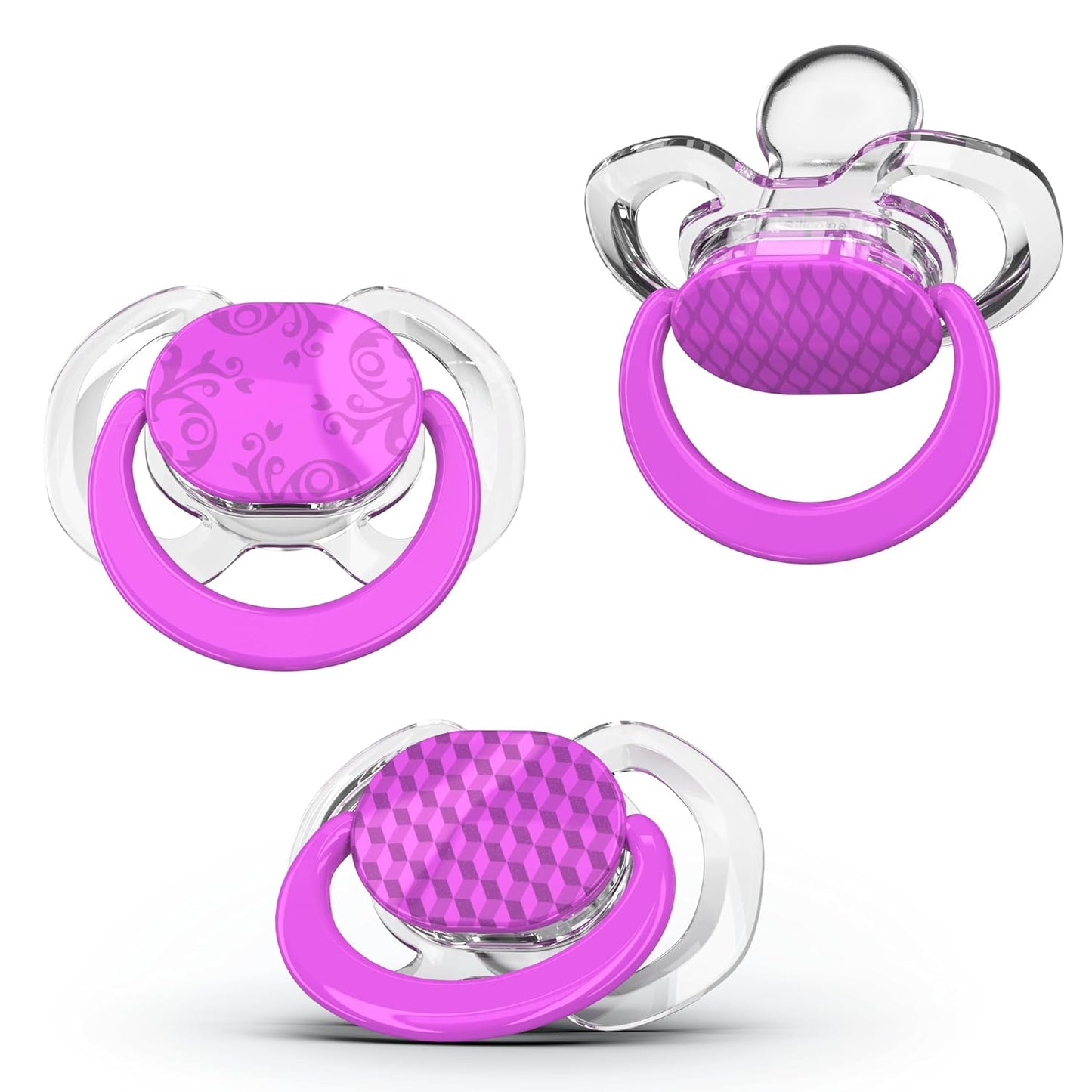 Smilo Baby Pacifier with Orthodontic Design for Healthy Dental Development - Stage 1 for Babies 0-3 Months - Pack of 3X 100% Silicone Newborn Pacifiers BPA Free - Plum Purple