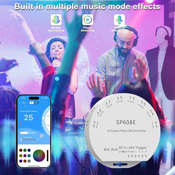PAUTIX SP608E Built-in Mic/AUX Music Bluetooth SPI Controller with 8 Signal Outputs for LED Module Pixel Strip String Light Andriod iOS APP/Remote/Trigger Control,Work with RGB Smart IC COB LED Strips