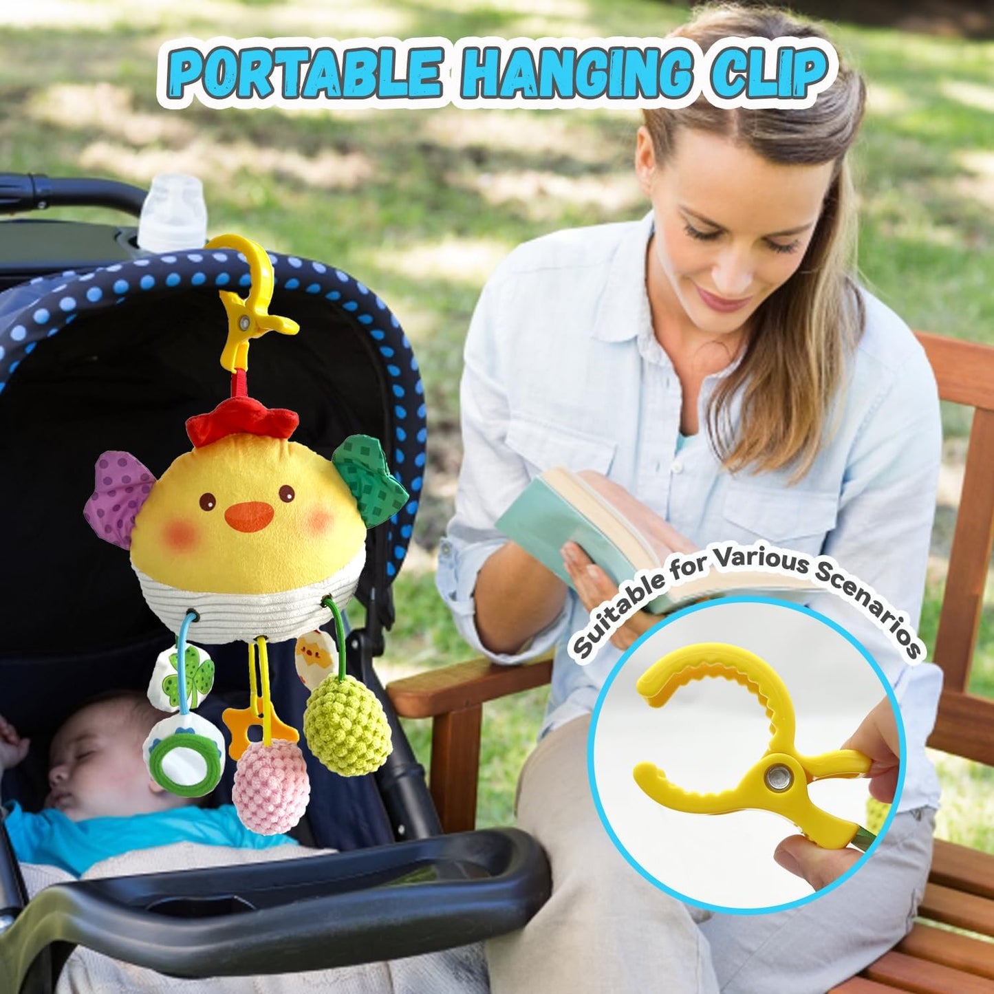 Baby Toys for 3 6 9 12 Months, Bassinet Toys for Infant & Toddlers, Crib Stroller Hanging Doll for Stimulating Baby’s Senses and Developing Motor Skills (Chick)