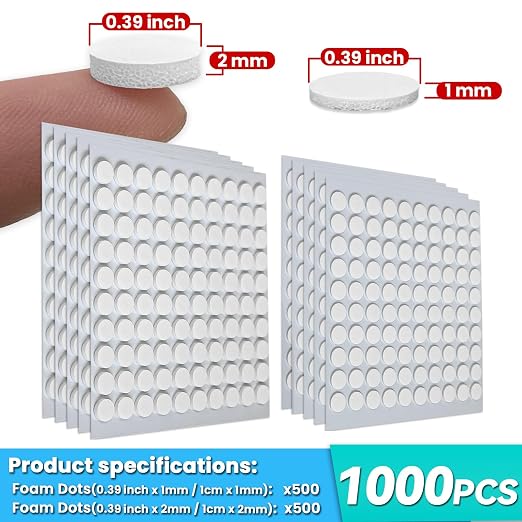 Tikfoam 1000Pcs Double Sided Adhesive Foam Dots, 2mm and 1mm Thick Tape