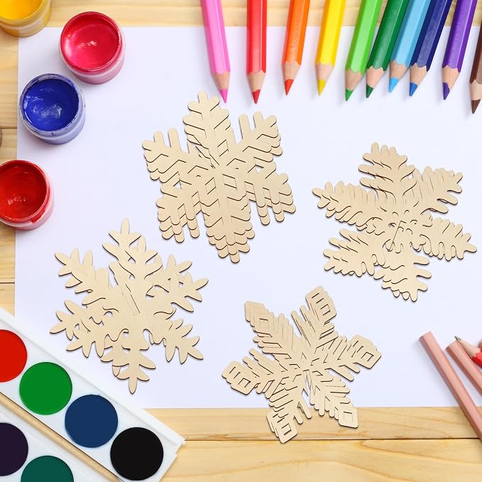 COCHIE DIY 3D Snowflake Wood Crafts to Paint, Paintable Unfinished Wooden Slices