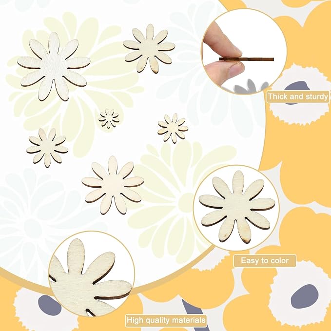 300 Pcs 6 Styles Wooden Flower Cutouts Unfinished Floral Wood Hanging Ornaments