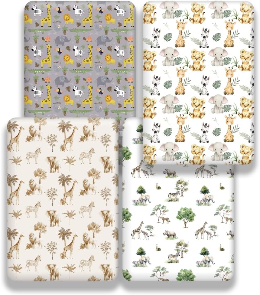4 Pack Safari Jungle Animals Neutral Unisex Fitted Nursery Baby Sheets Set Toddler Mattress Sheets for Baby Boys or Girls (Crib Sheets)