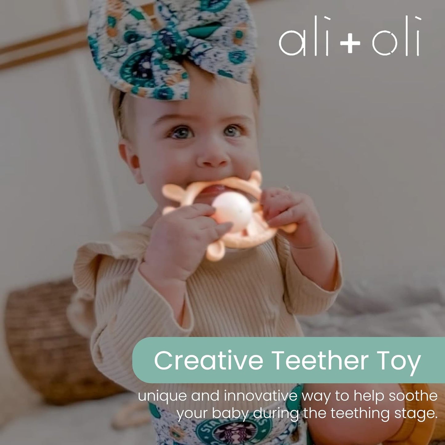 Ali+Oli Baby Teether & Rattle (Pink Giraffe) Baby Teething Relief, Silicone Teethers for Babies 3+ Months, Baby Teething Toys w/Multi-Textured Surface, BPA Free & Freezable Teethers for Babies