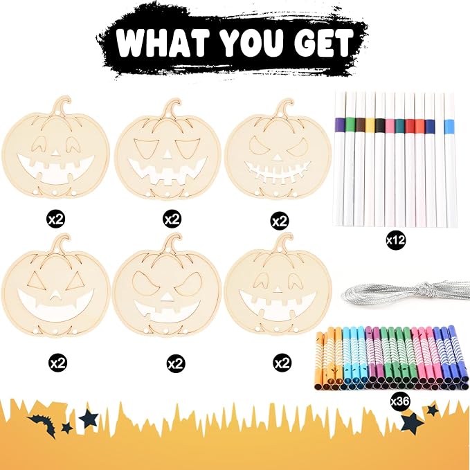 Wooden Pumkins Wind Chime Ornaments Painting Craft, 6 Style Cutouts