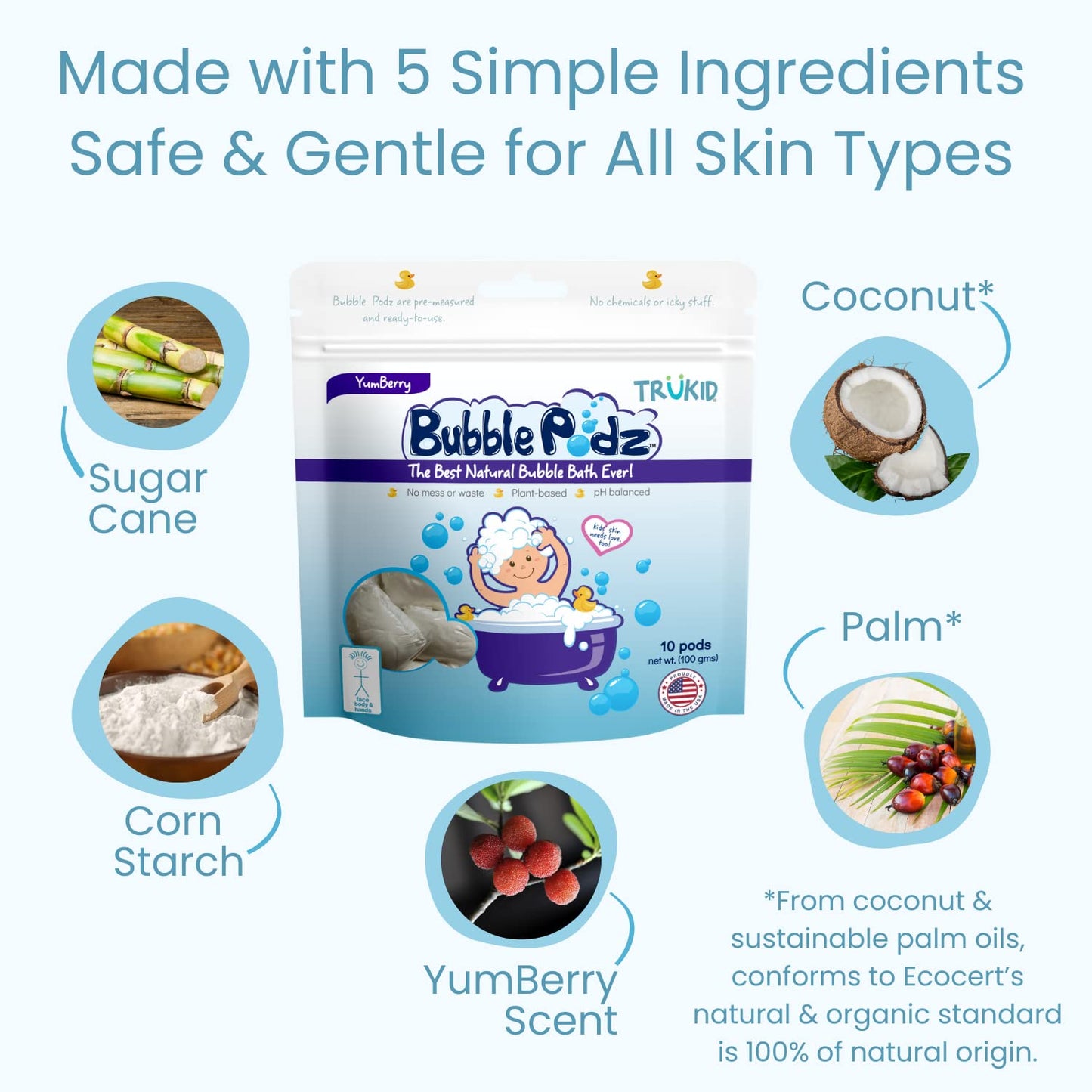 TruKid Bubble Podz Bubble Bath for Kids, Toddlers, & Babies, Tear Free Gentle & Refreshing Bath Bomb for Sensitive Skin with Natural Moisturizers, Non-Toxic, pH Balanced, Yumberry Scent (60 Podz)