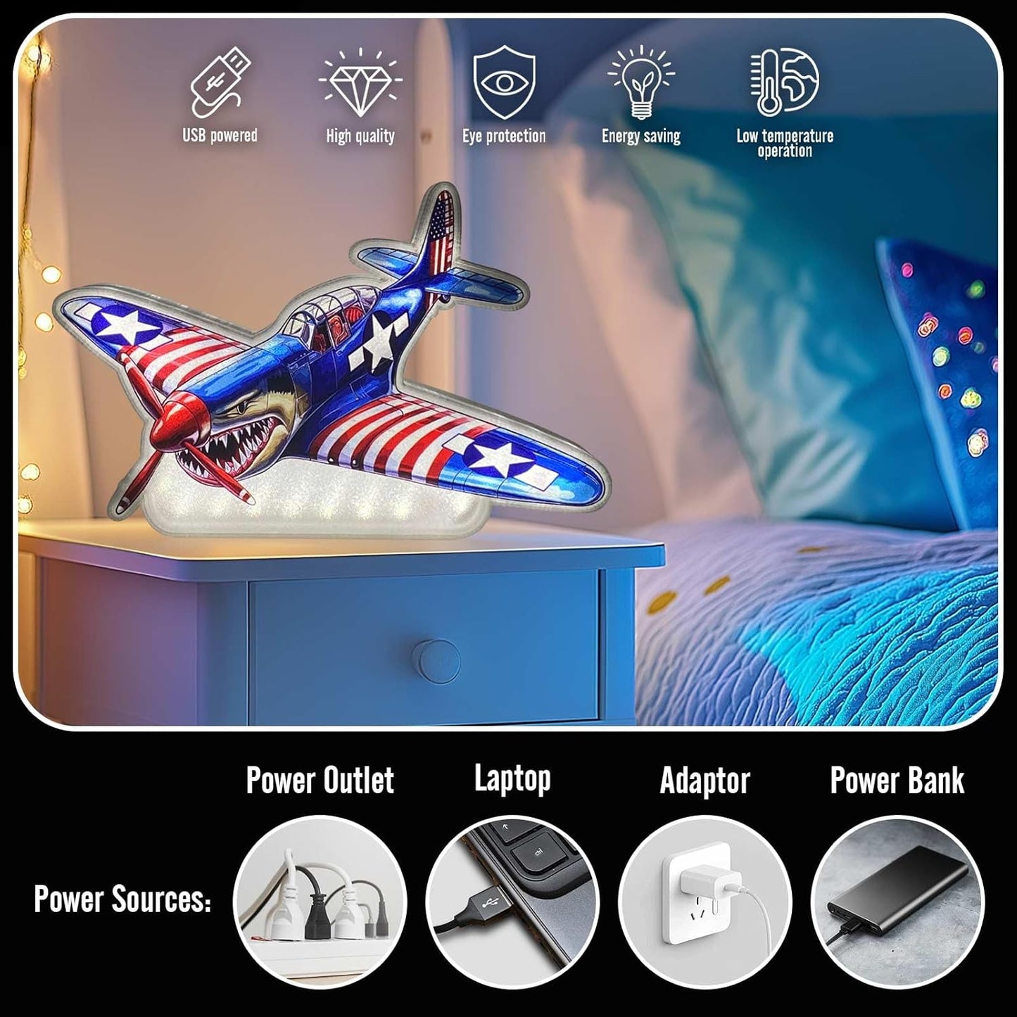 American Shark Fighter Warplane Night Light Up Box for Boy Kids Teens Gifts USB Powered Lamp Lightbox Bedroom Room Wall Hanging Art Table Desk Decorations Decor Sign