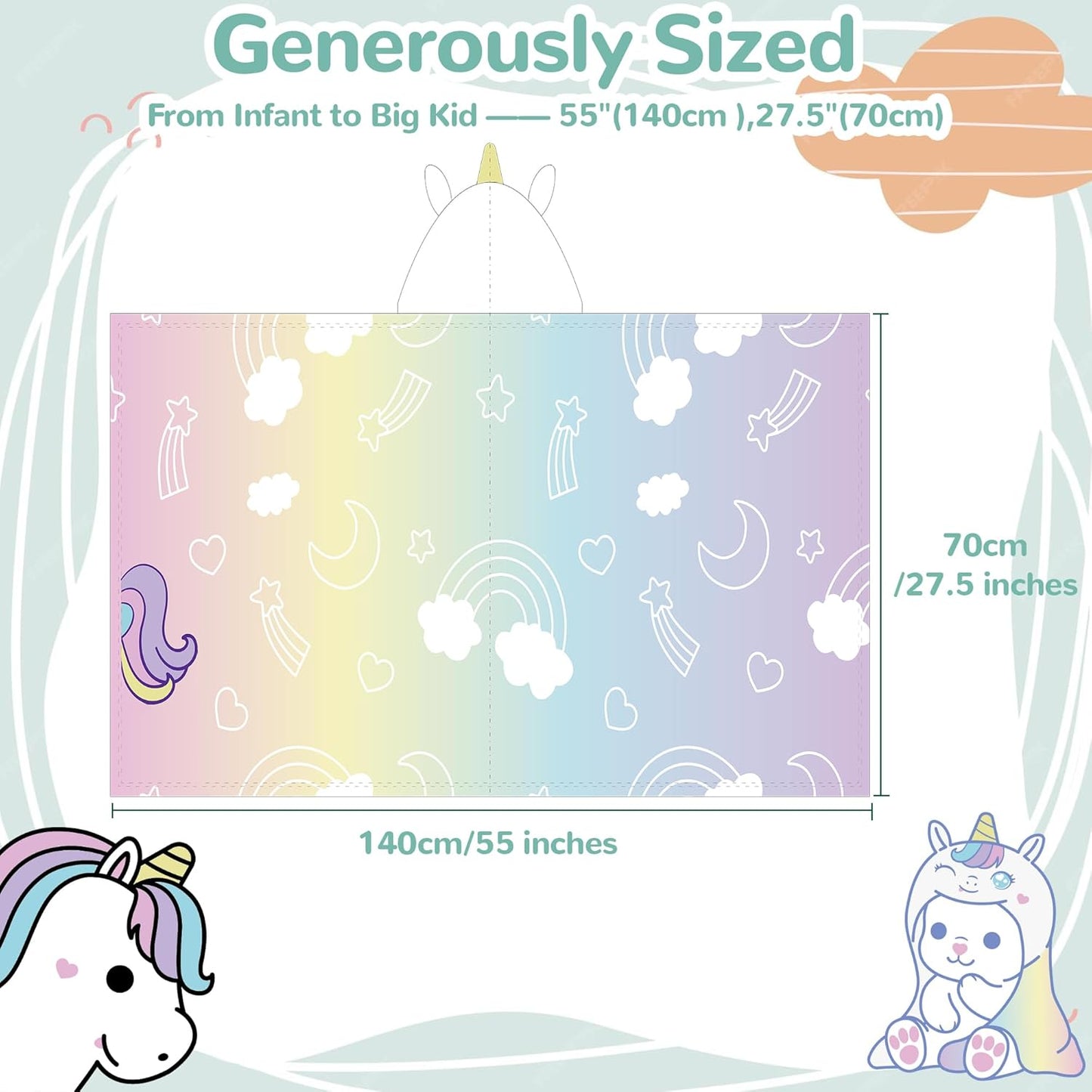 HECCEI HoodieHug Baby Towels, Premium Coral Fleece Bath Towel with Large Size-Ultra Absorbent for Baby Comfort- Great Gift for Newborn, Toddler and Kid (Unicorn + Elephant)